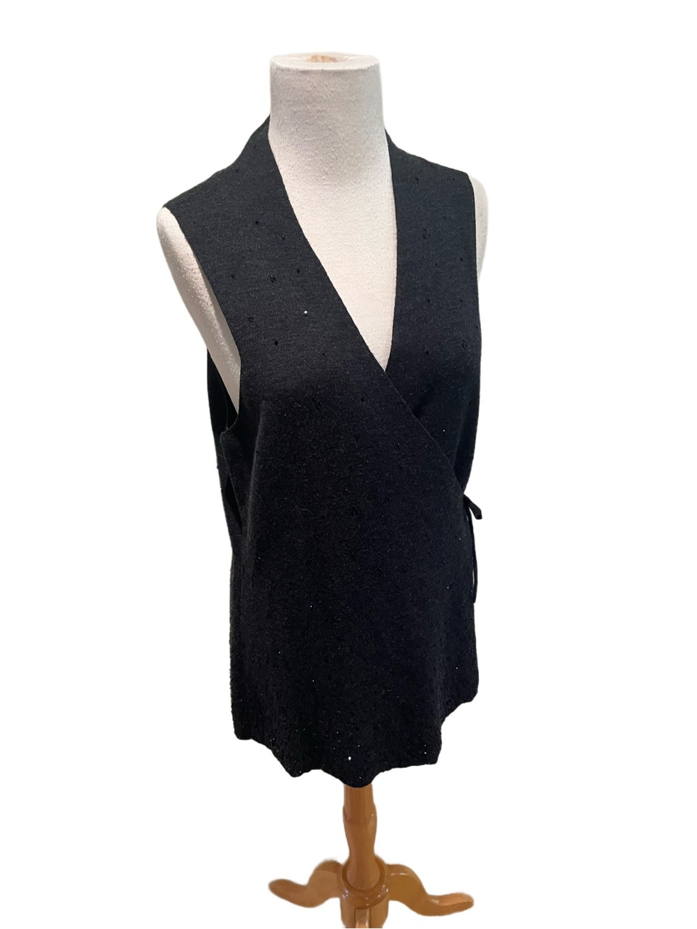 EILEEN FISHER BLACK MERINO WOOL WRAP w/TIES SEQUIN AND BEAD BLING SWEATER VEST L